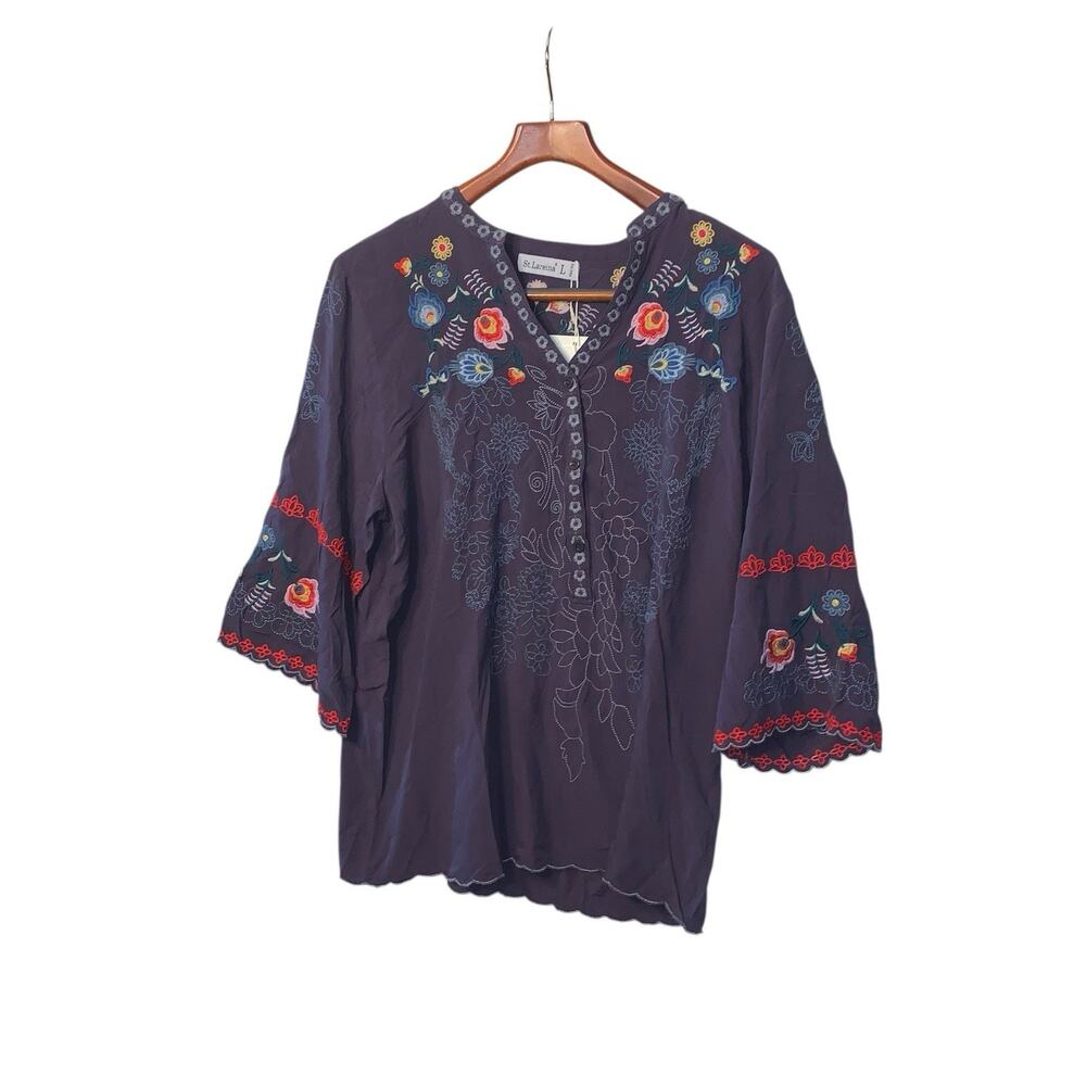 NEW St. Lareina Embroidered Tunic Top Blouse Boho Hippie Soft  L